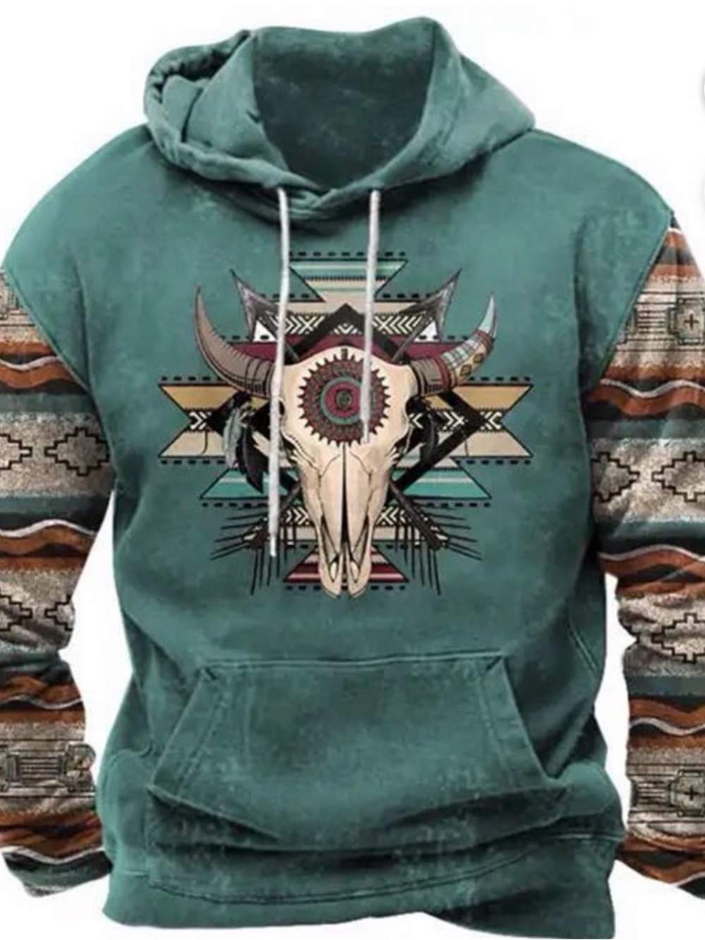 Casual Teal Bull Skull Graphic Hoodie Sweatshirt
